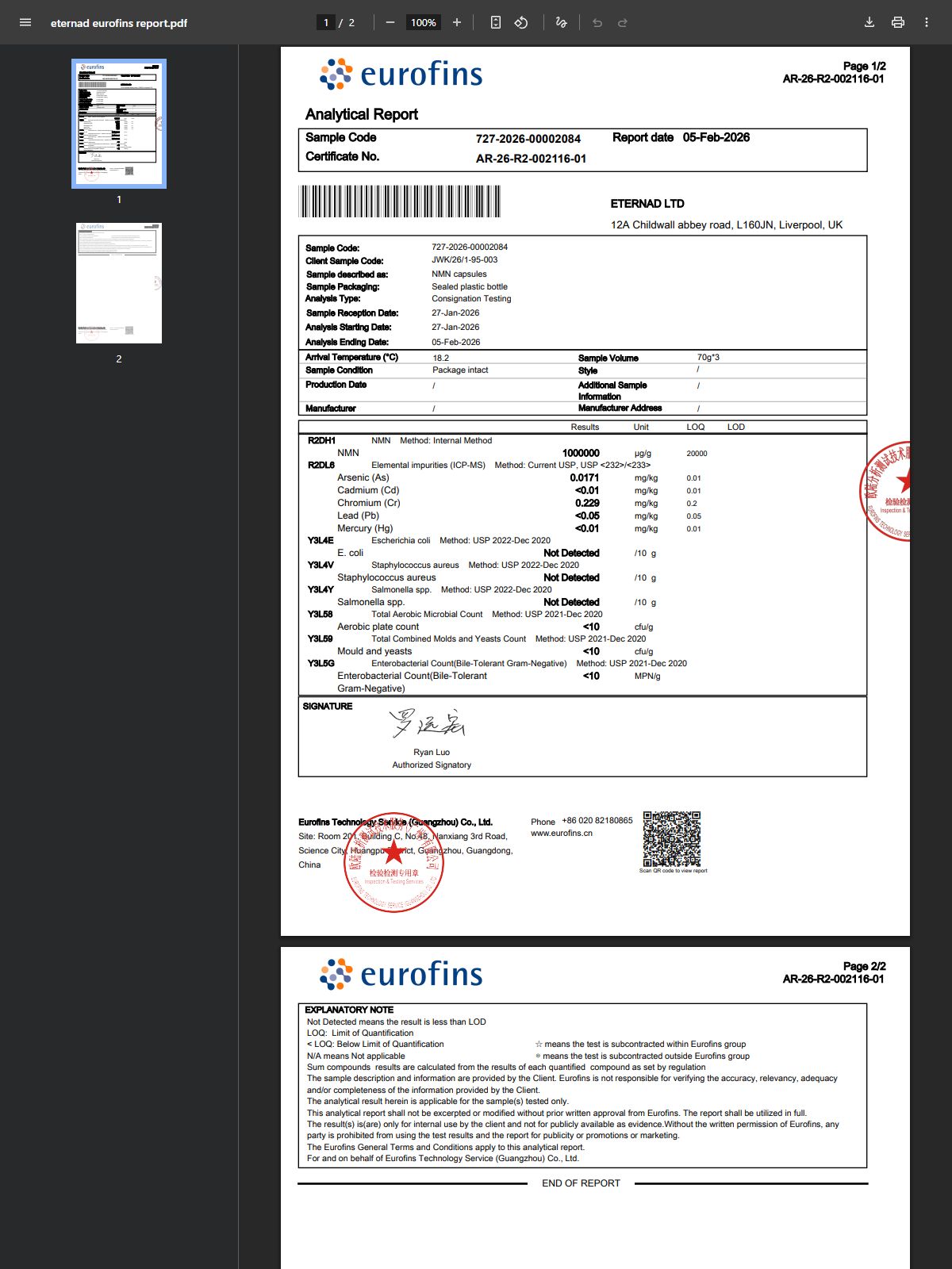 EternaD Eurofins CoA Lab Report Certificate